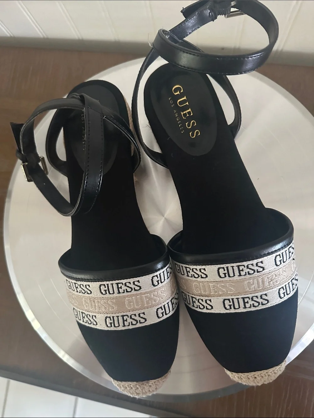 Guess Black Sandal Espadrilles with White Logo Like New sz 6.5